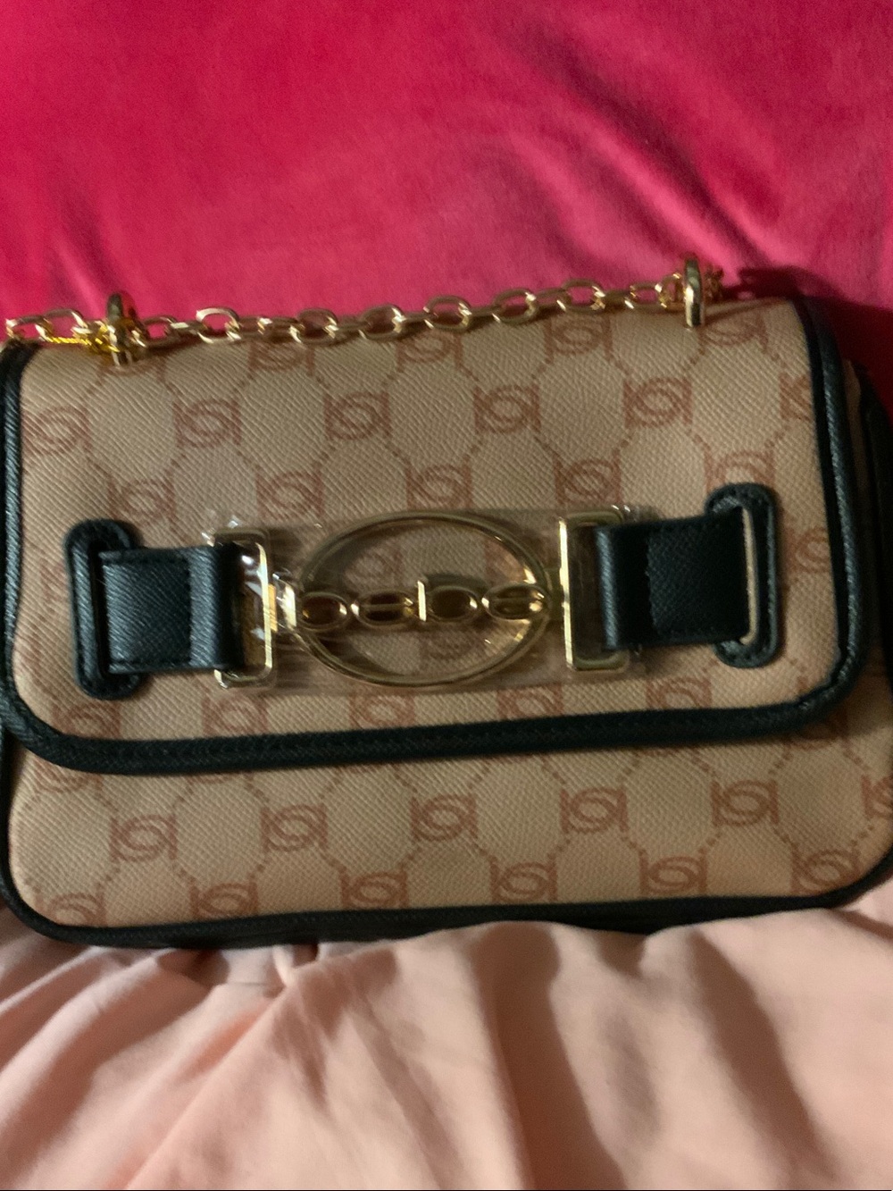 bebe Beige Monogram Crossbody with Black Trim and Gold Hardware